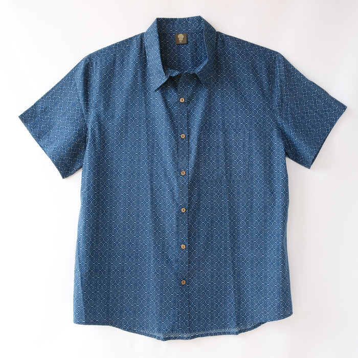 Shipibo Conibo Blue Half Sleeve Button Up Shirt - symbolika