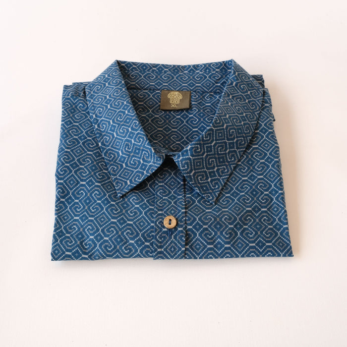 Shipibo Conibo Blue Half Sleeve Button Up Shirt - symbolika
