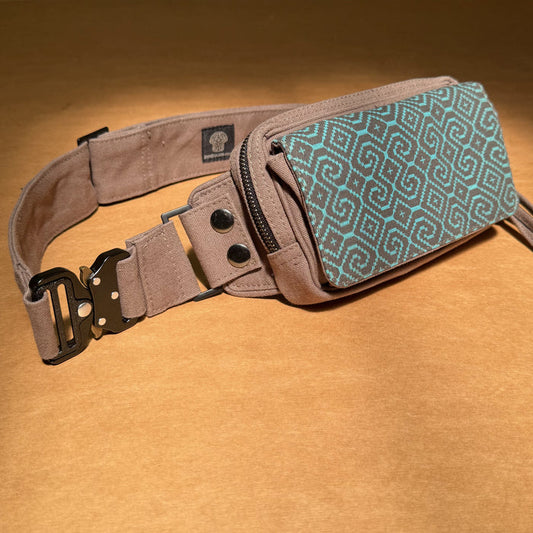 Shipibo Conibo Blue Waist Bag - Turquoise kené patterns on tactical canvas by Symbolika