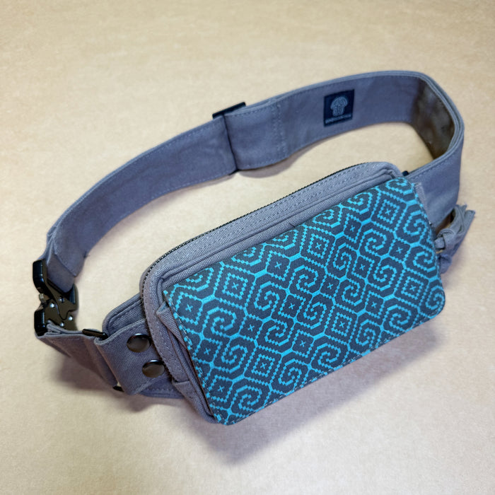Shipibo Conibo Blue Waist Bag — YKK & Magnetic Lid Waist Bag - Detail Close-Up by Symbolika