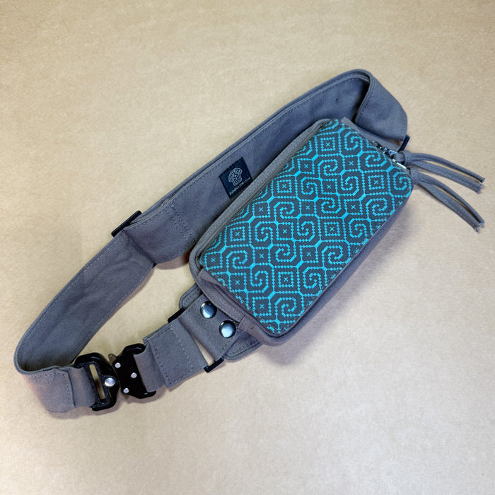 Shipibo Conibo Blue Waist Bag — YKK & Magnetic Lid Psychedelic Art Print on Black T-Shirt by Symbolika