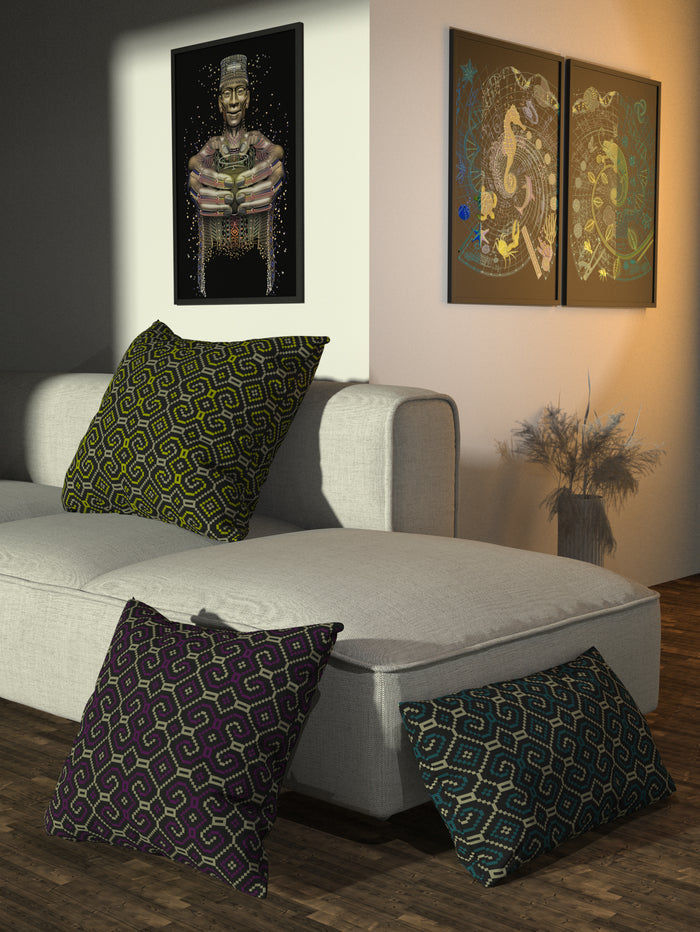 Shipibo - Conibo Cushion - Turquoise Beige on Black - symbolika