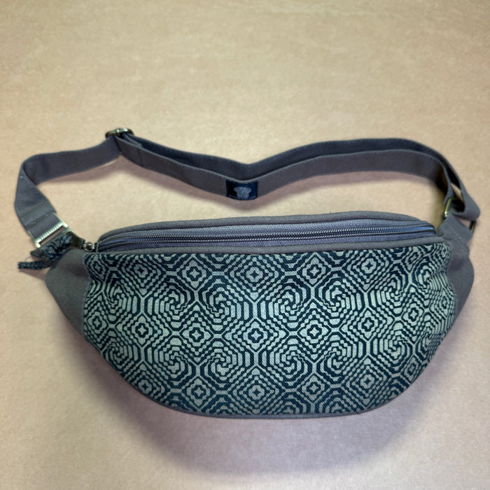 Shipibo Conibo Gradient Fanny Pack - Teal kené patterns on canvas by Symbolika