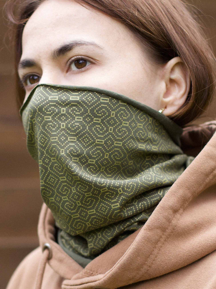 Shipibo Neck Gaiter Olive — visionary art by Symbolika