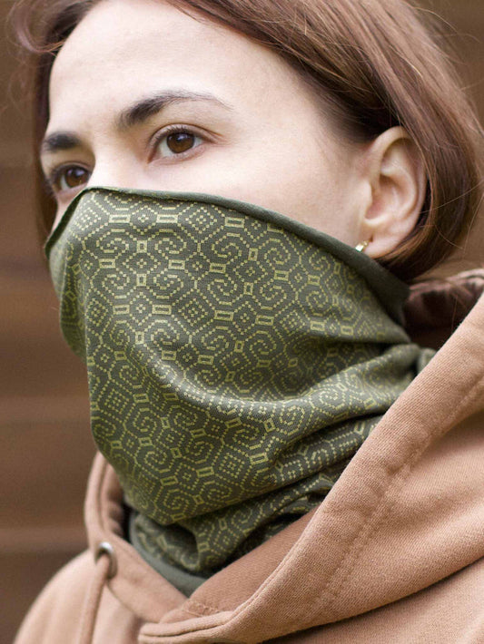 Shipibo Neck Gaiter Olive — visionary art by Symbolika