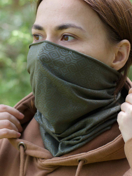 Shipibo Neck Gaiter Olive — visionary art by Symbolika