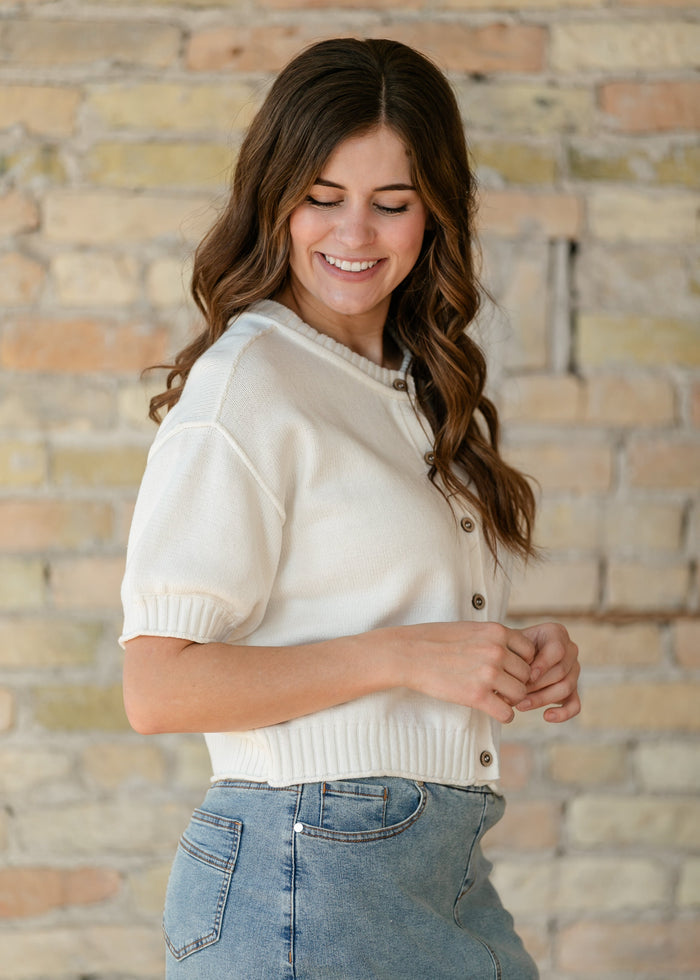 Short Sleeve Button Down Cream Cardigan FF Layering Essentials