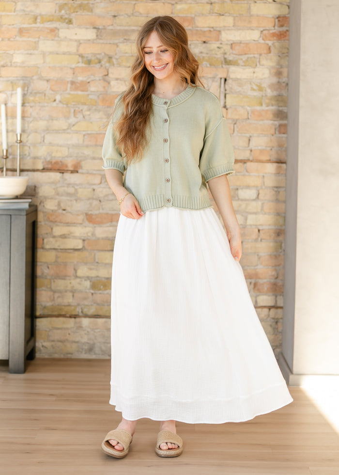 Short Sleeve Button Down Light Olive Cardigan FF Layering Essentials