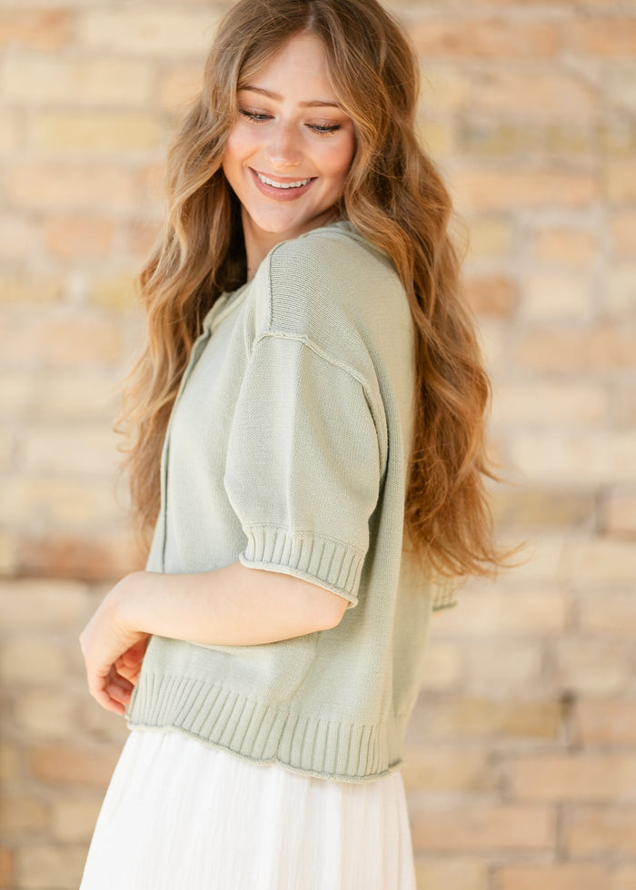 Short Sleeve Button Down Light Olive Cardigan FF Layering Essentials