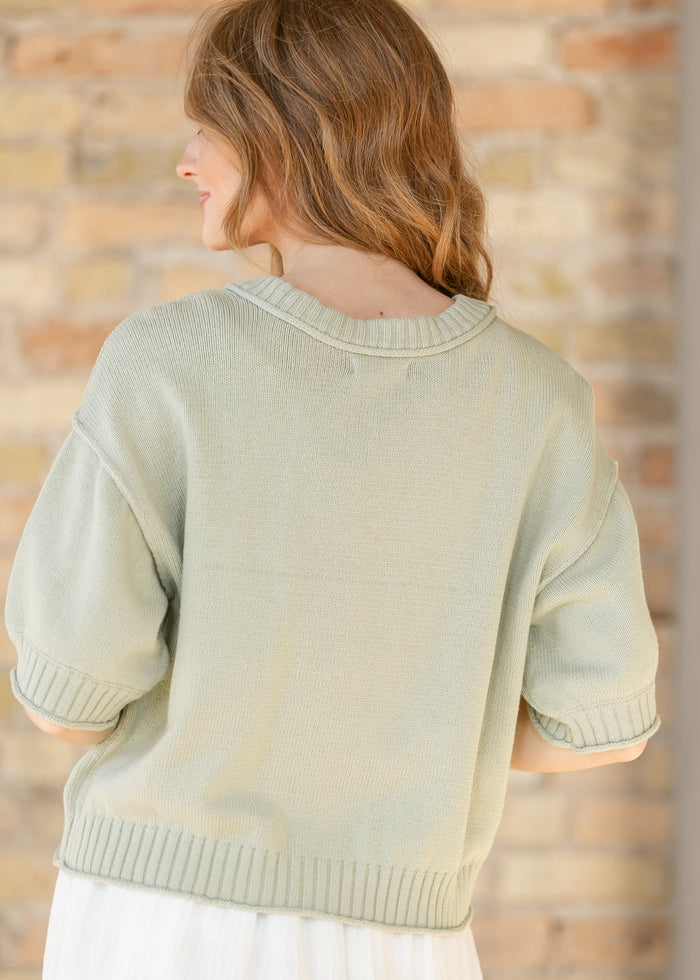 Short Sleeve Button Down Light Olive Cardigan FF Layering Essentials
