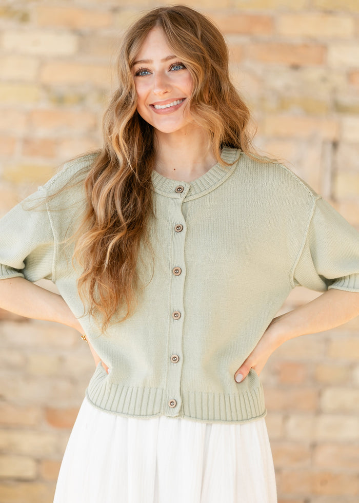 Short Sleeve Button Down Light Olive Cardigan FF Layering Essentials