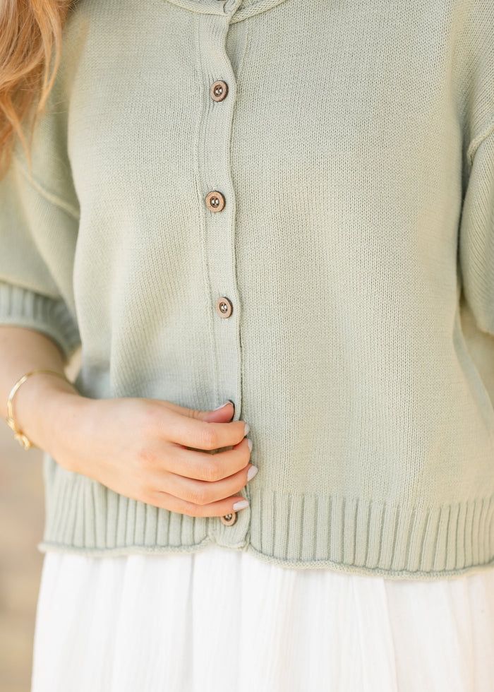 Short Sleeve Button Down Light Olive Cardigan FF Layering Essentials