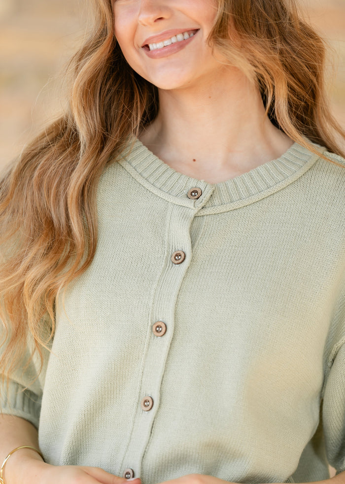 Short Sleeve Button Down Light Olive Cardigan FF Layering Essentials