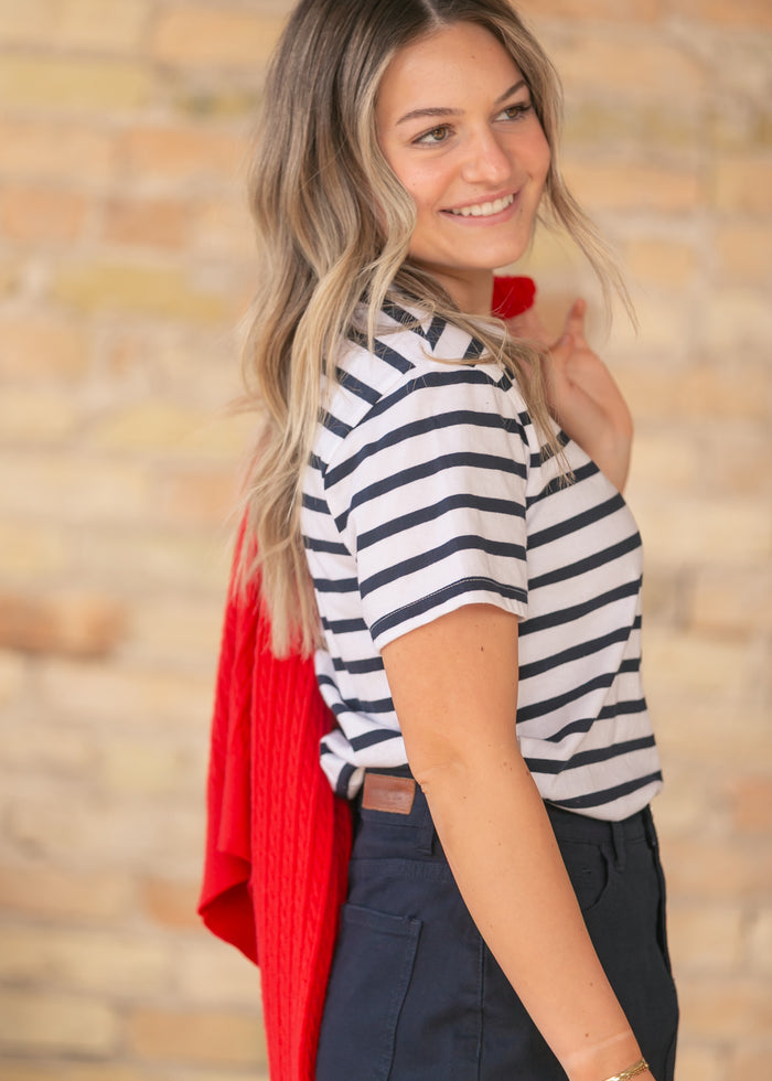 Short Sleeve Crew Neck Stripe Top FF Tops