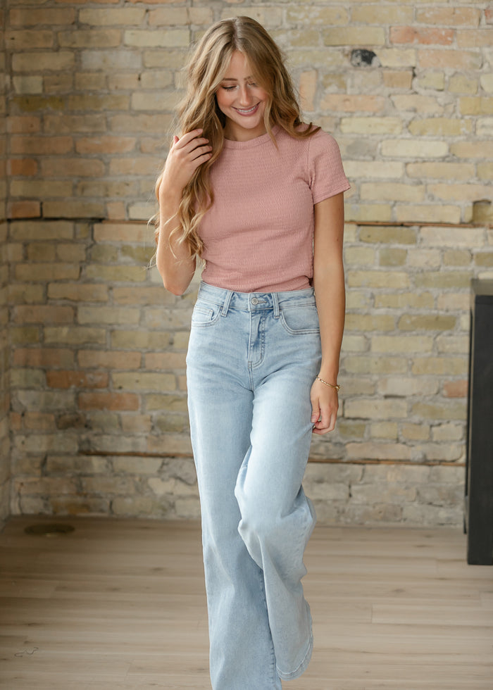 Short Sleeve Mauve Smocked Top FF Tops