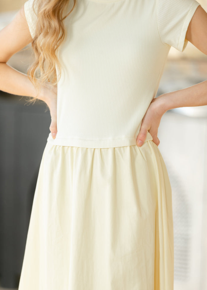 Short Sleeve Mixed Media Midi Dress FF Dresses