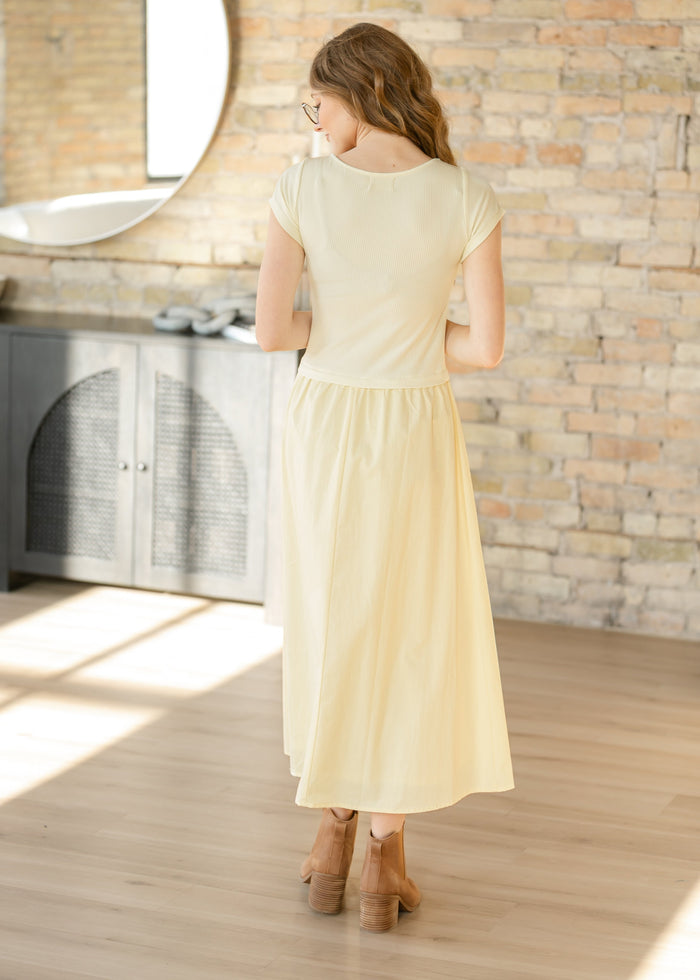 Short Sleeve Mixed Media Midi Dress FF Dresses