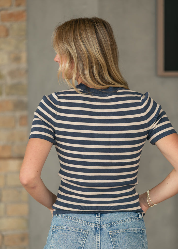 Short Sleeve Navy Stiped Sweater FF Tops