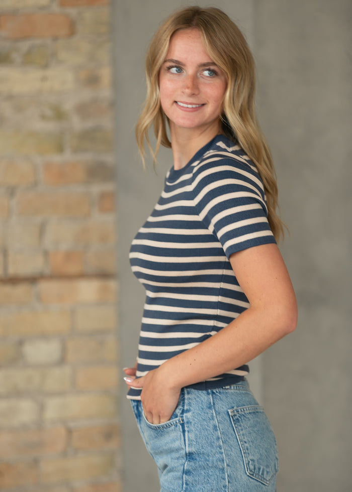Short Sleeve Navy Stiped Sweater FF Tops