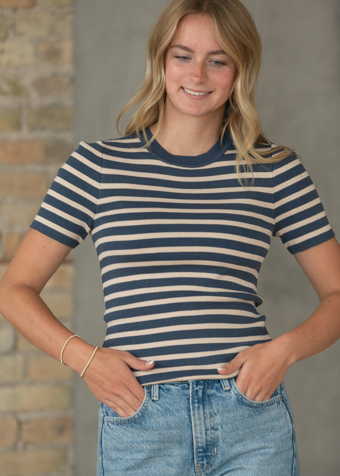 Short Sleeve Navy Stiped Sweater FF Tops