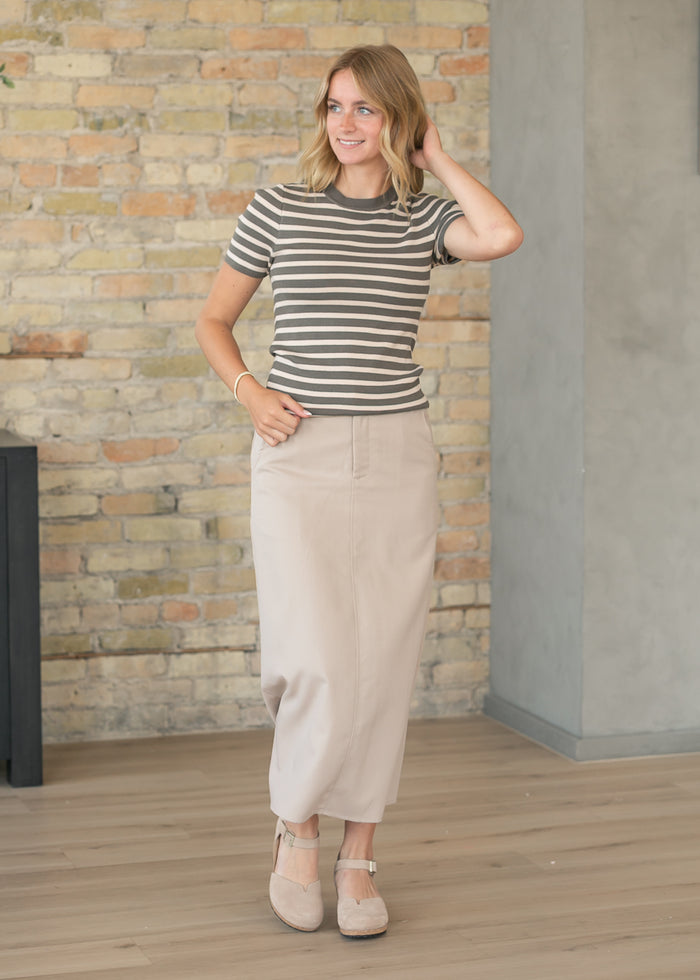 Short Sleeve Olive Striped Sweater FF Tops