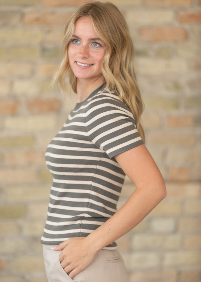 Short Sleeve Olive Striped Sweater FF Tops