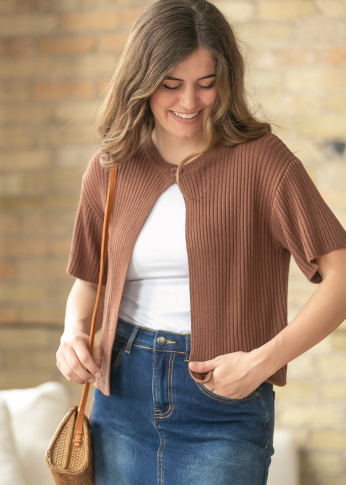 Short Sleeve Single Button Cardigan FF Tops