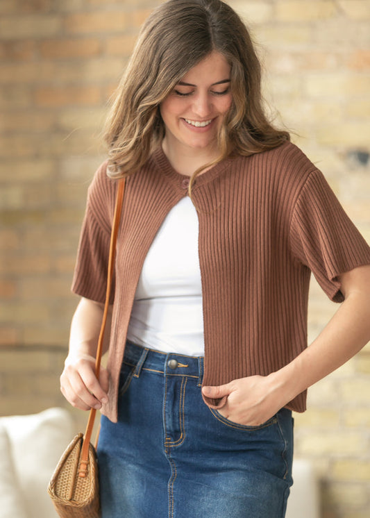 Short Sleeve Single Button Cardigan FF Tops