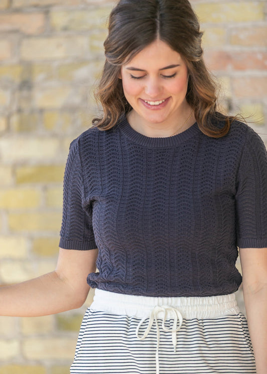 Short Sleeve Wave Knit Sweater FF Tops