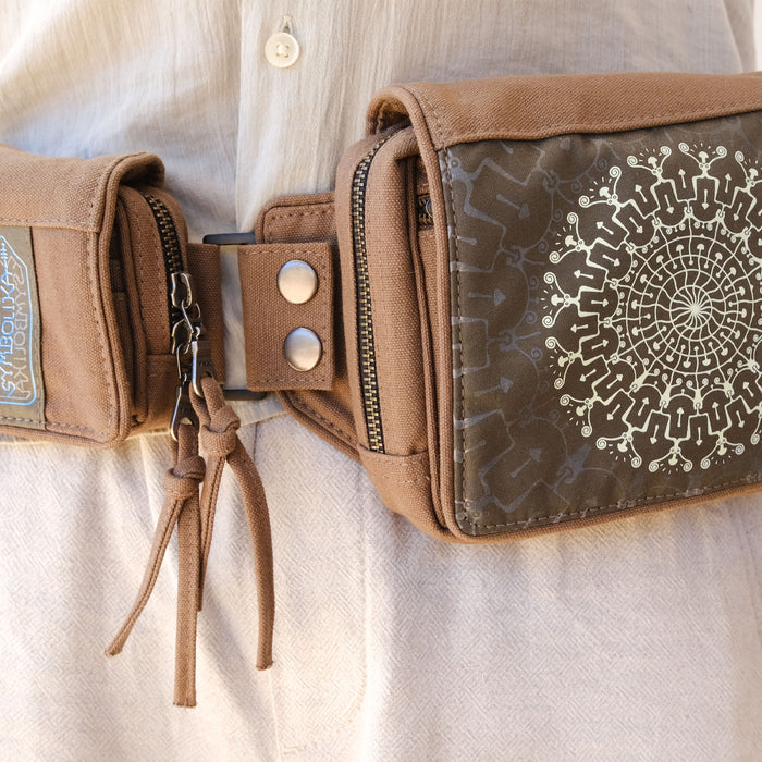 UV reactive mushroom mandala belt bag glowing under blacklight - Symbolika psychedelic accessories