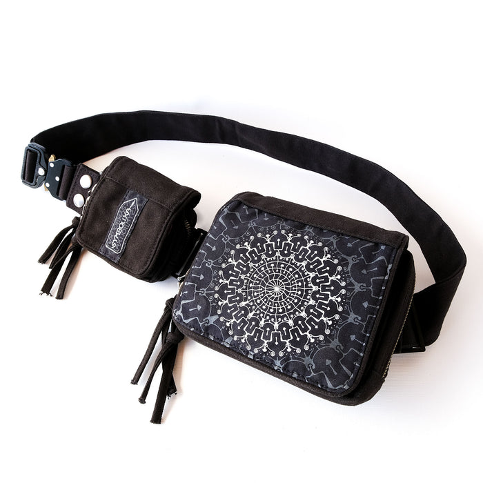 Shrooms Hora Belt Bag — Psychedelic Mushroom Mandala Psychedelic Art Print on Black T-Shirt by Symbolika