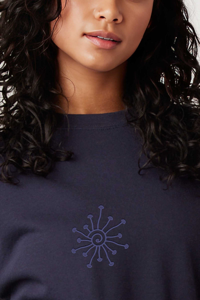 Shroomy - Monochrome Embroidery Women Sweatshirt - Navy Blue - symbolika
