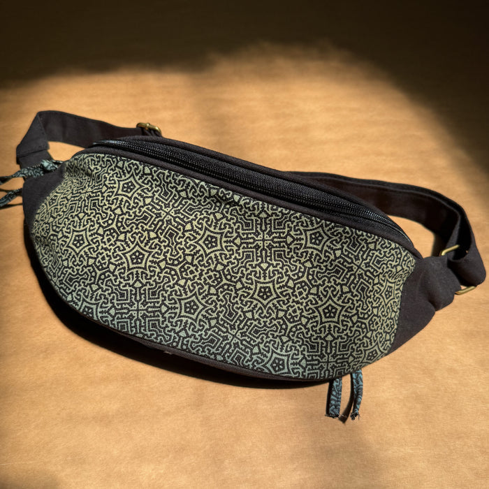 Shroomy Fanny Pack - Psilocybin mushroom mandala art in turquoise on black canvas by Symbolika