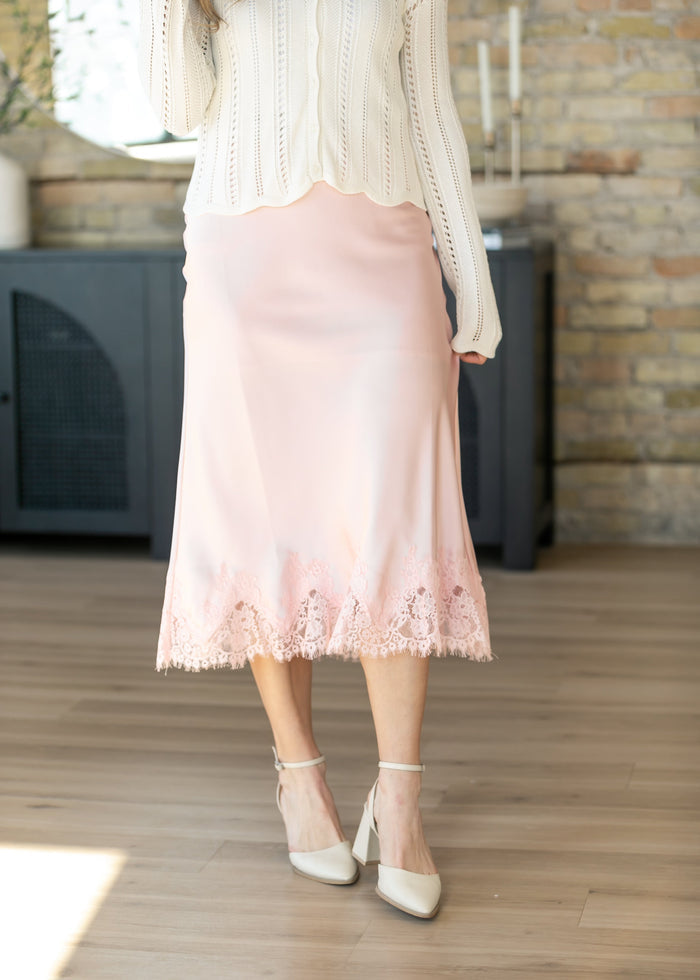Silky Lace Trim Midi Skirt FF Skirts