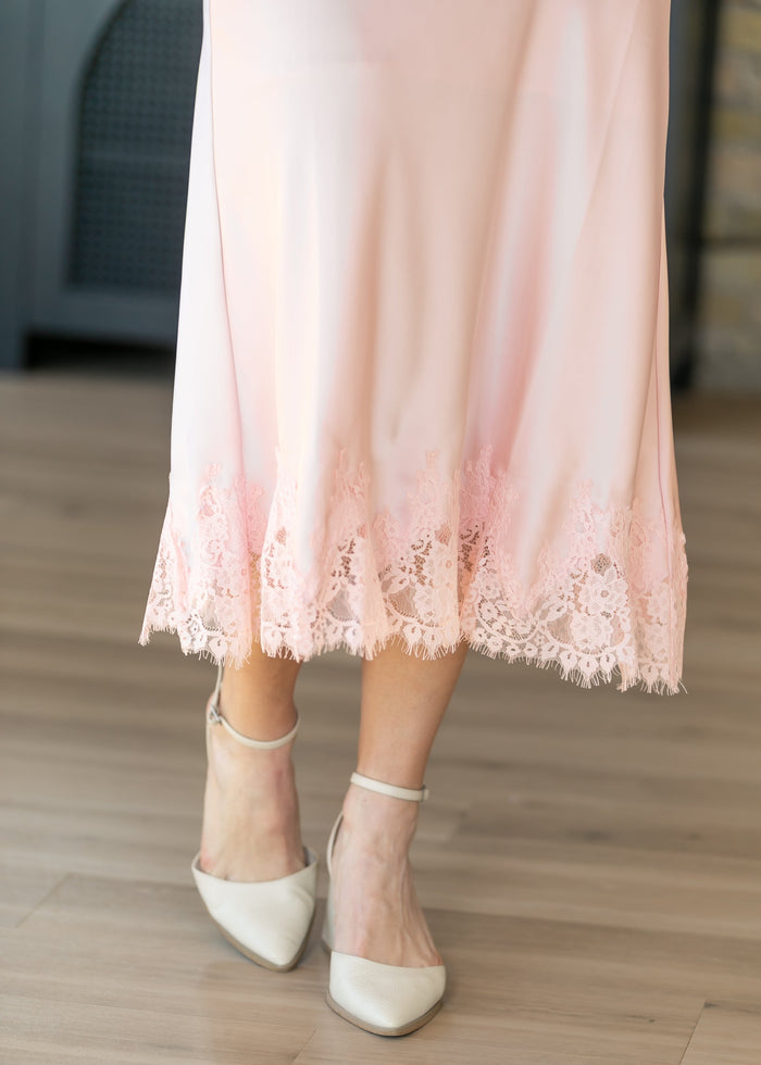Silky Lace Trim Midi Skirt FF Skirts