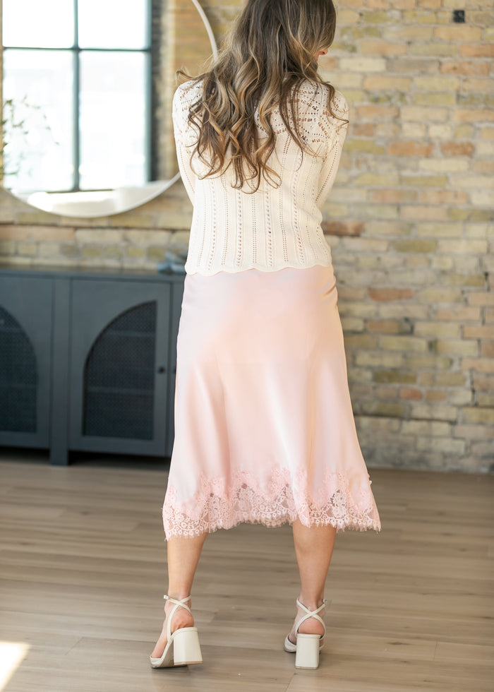Silky Lace Trim Midi Skirt FF Skirts
