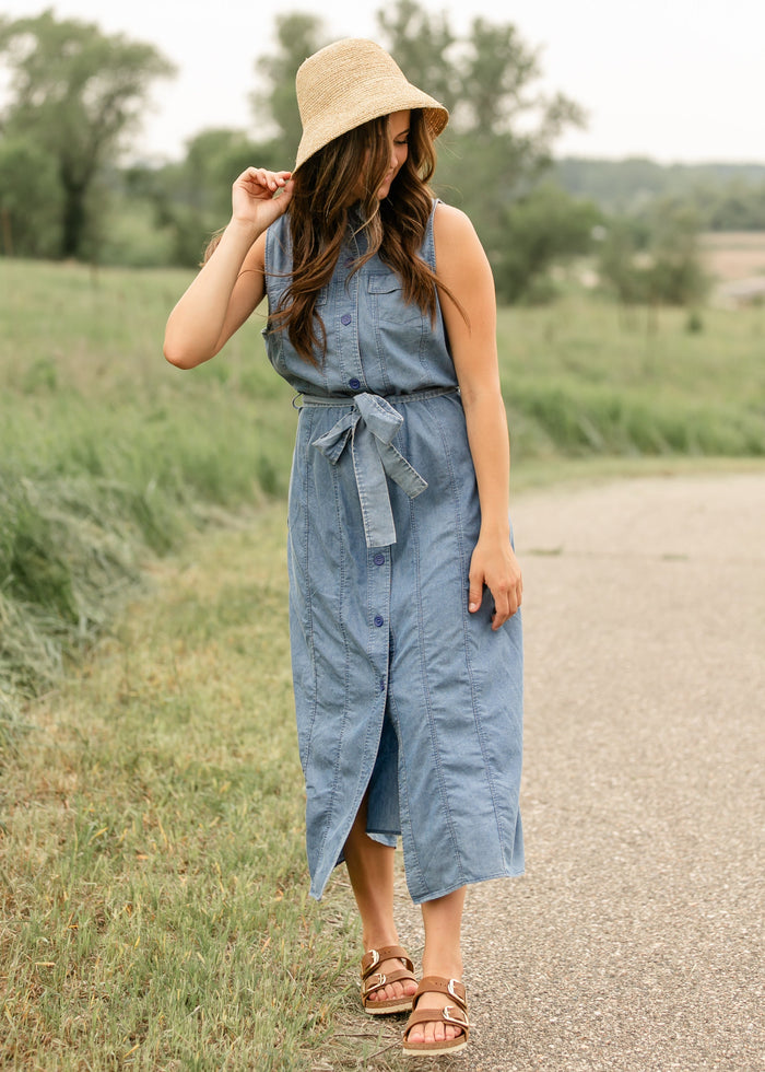 Sleeveless Belted Denim Dress FF Dresses