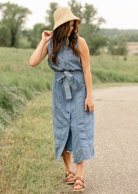 Sleeveless Belted Denim Dress FF Dresses