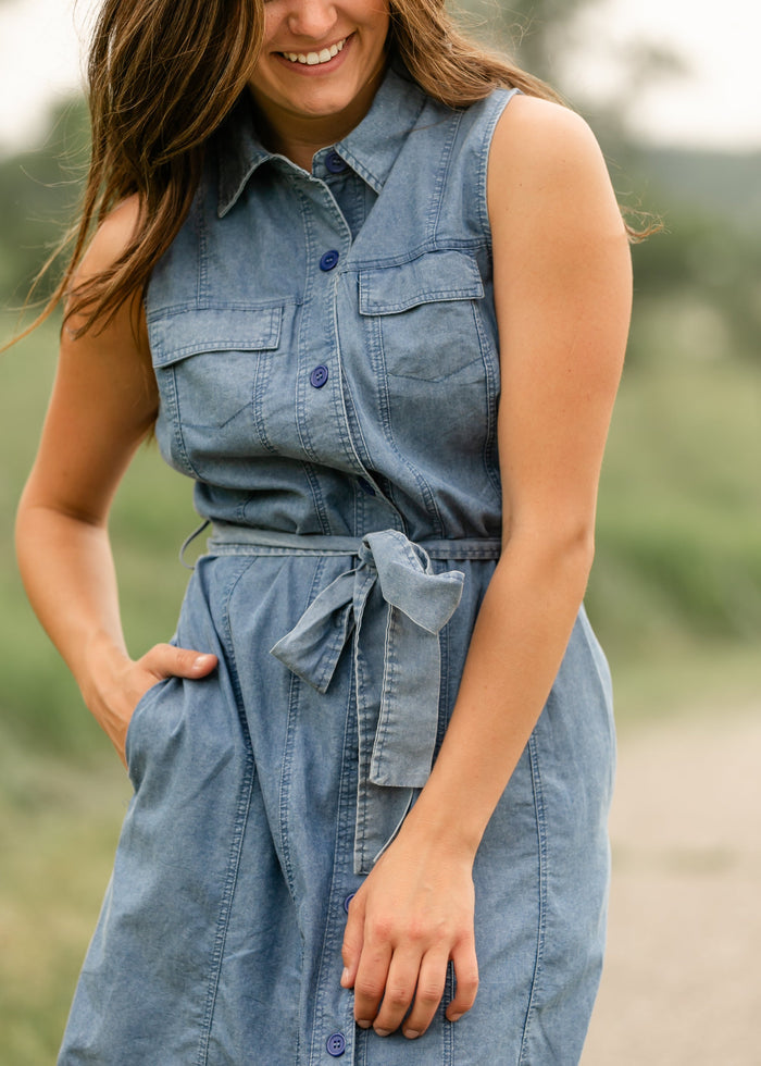Sleeveless Belted Denim Dress FF Dresses