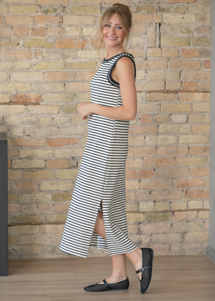Sleeveless Black Stripe Knit Maxi Dress FF Dresses