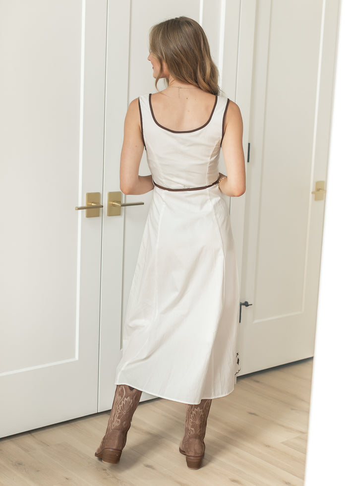 Sleeveless Contrast Stitch Embroidered Midi Dress FF Dresses