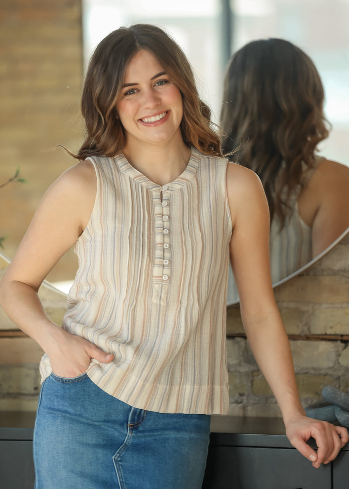 Sleeveless Half Button Woven Gauze Top FF Tops