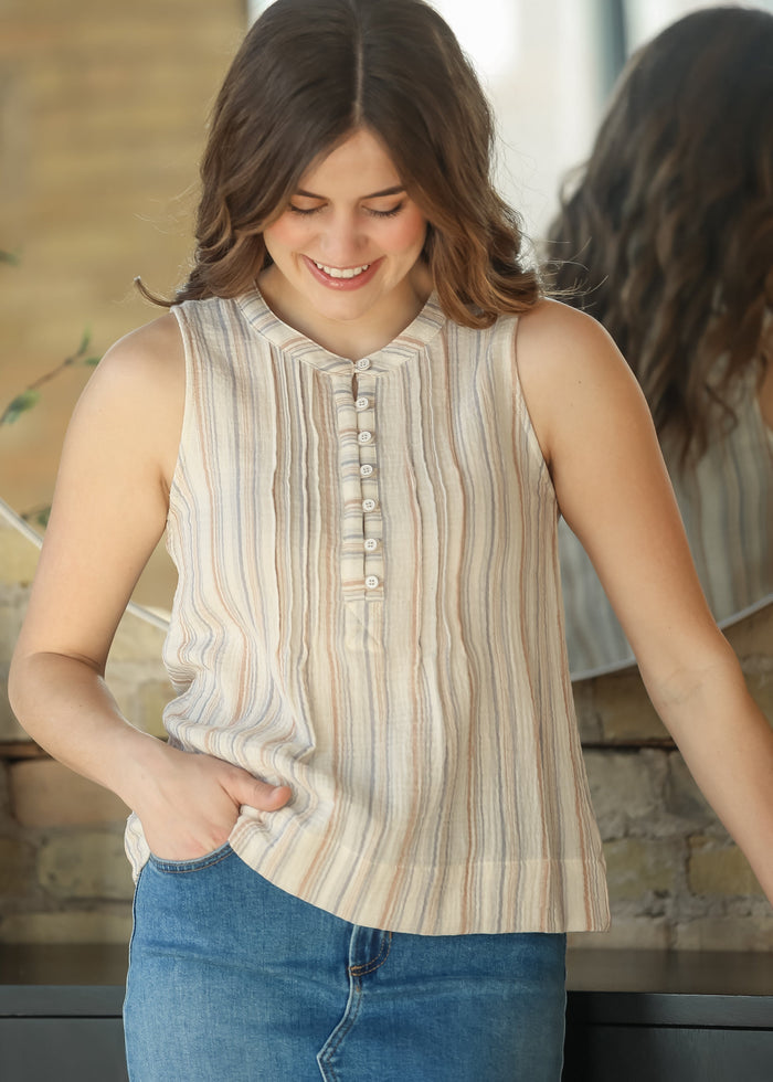 Sleeveless Half Button Woven Gauze Top FF Tops