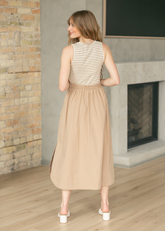 Sleeveless Striped Woven Midi Dress FF Dresses