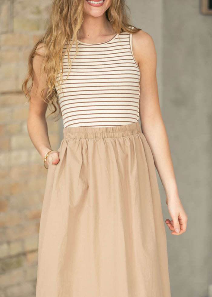 Sleeveless Striped Woven Midi Dress FF Dresses