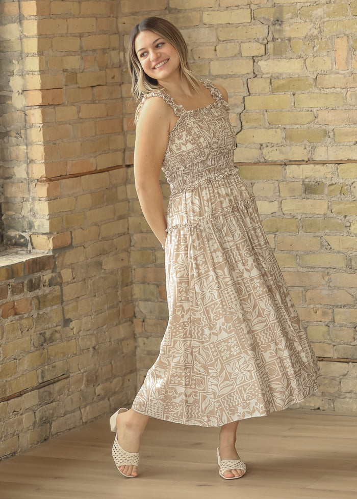 Sleeveless Tile Pattern Ruffle Strap Midi Dress FF Dresses