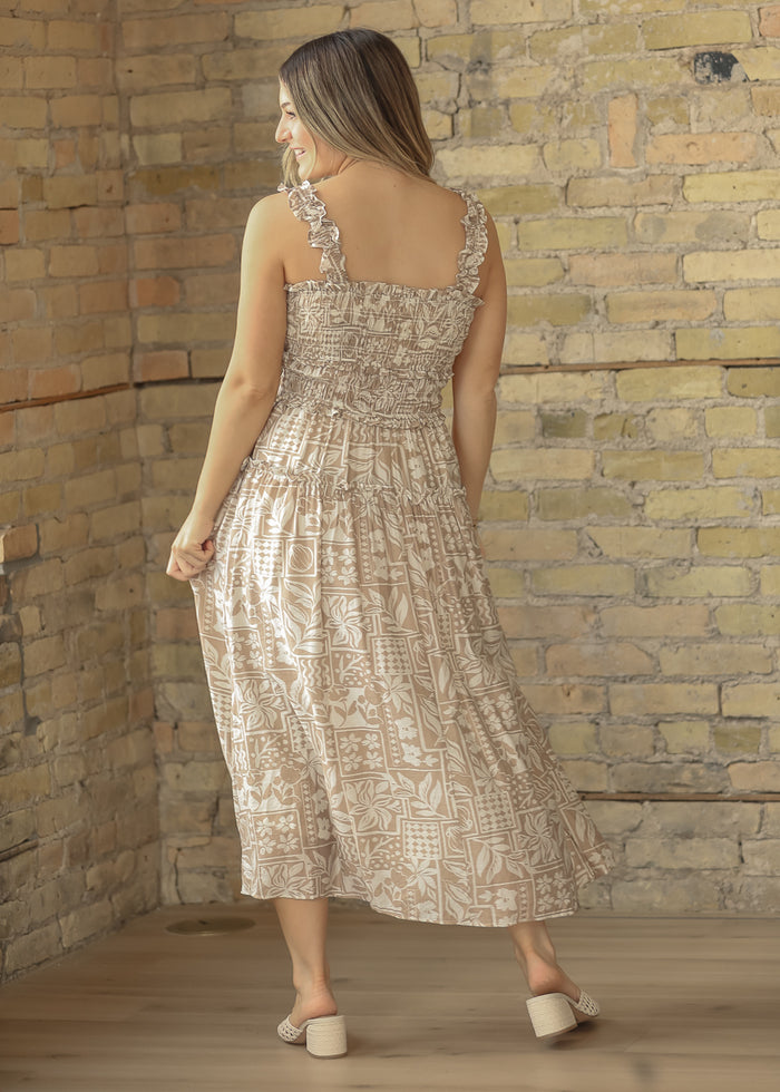 Sleeveless Tile Pattern Ruffle Strap Midi Dress FF Dresses
