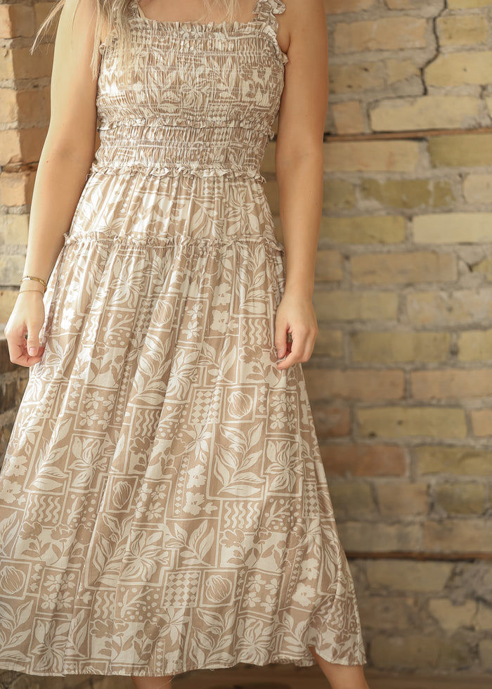 Sleeveless Tile Pattern Ruffle Strap Midi Dress FF Dresses