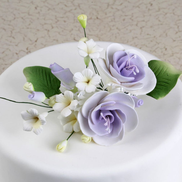 Lavender Gumpaste Dog Rose Spray Cake Decoration perfect for cake decorating rolled fondant wedding cakes, buttercream birthday cakes, & cupcakes.  Wholesale cake decorations & cake decorating supply. Small Dog Rose Sprays - Lavender Purple