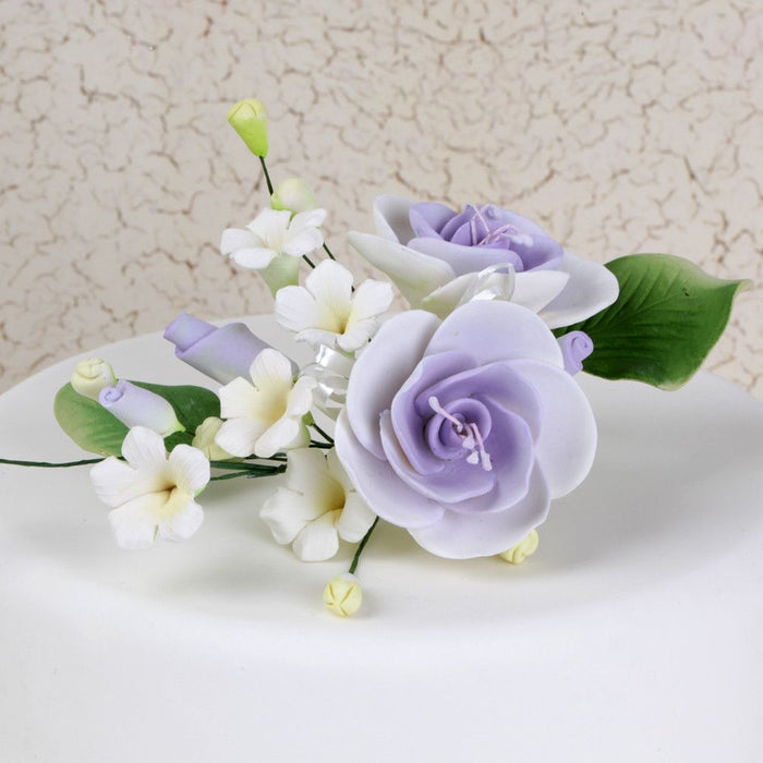 Lavender Gumpaste Dog Rose Spray Cake Decoration perfect for cake decorating rolled fondant wedding cakes, buttercream birthday cakes, & cupcakes.  Wholesale cake decorations & cake decorating supply. Small Dog Rose Sprays - Lavender Purple